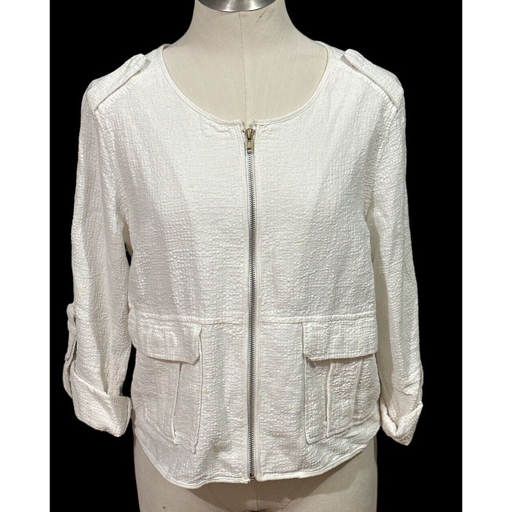 Democracy Women’s Quilted Blazer Jacket Zip Front Linen Blend Size Medium EUC